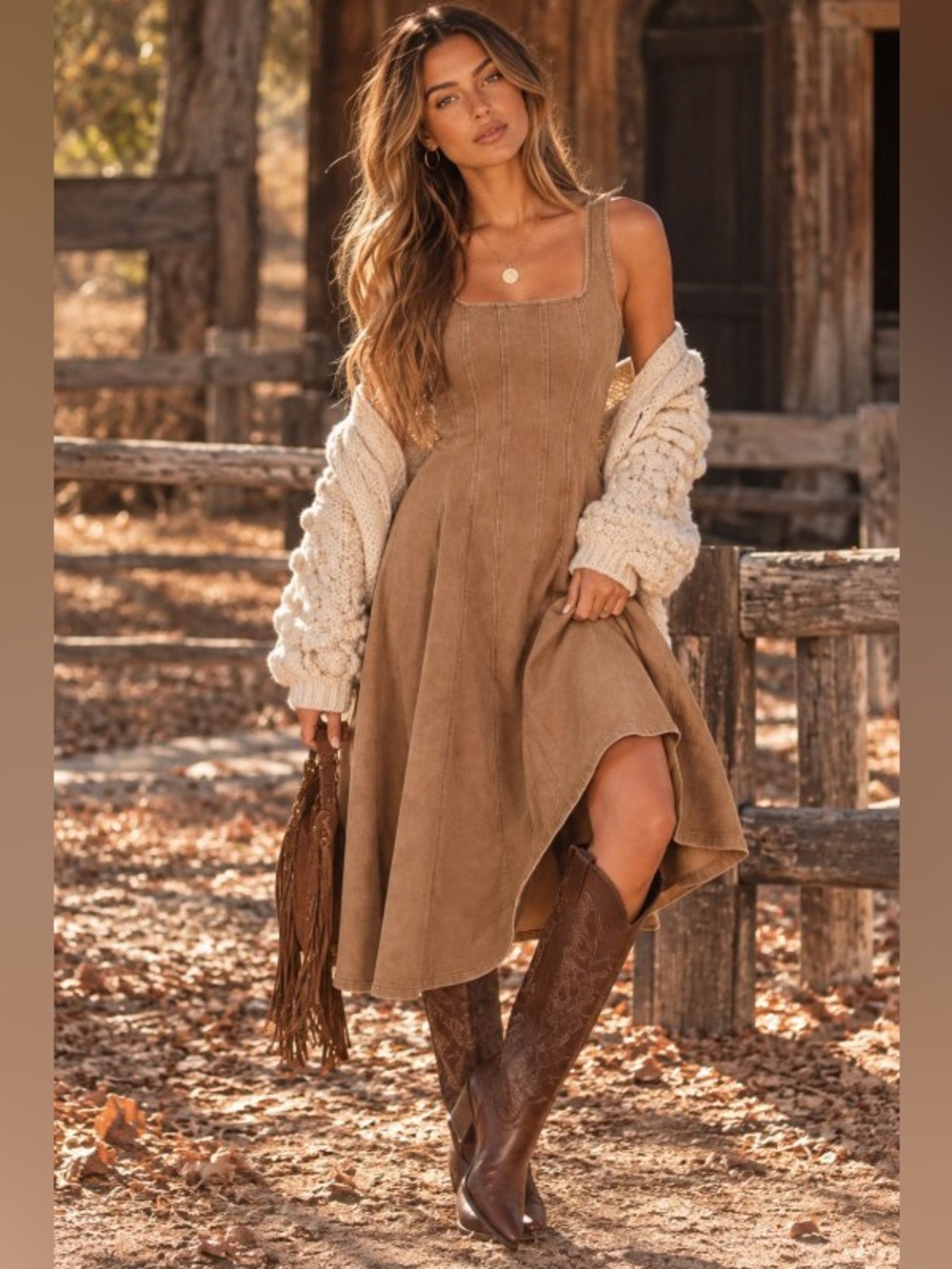 Brown denim mineral wash fit and flare adjustable boho western maxi dress
